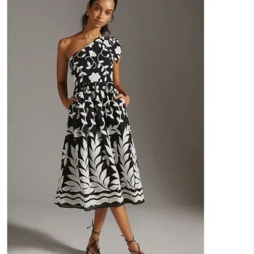 Anthropologie Black and White One-Shoulder Midi Dress
